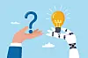 Illustrasjon av hånd med spørsmålstegn og robot-hånd med lyspære