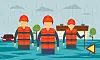 Illustrasjon av tre personer med vann til lårene, redningsvester og vernehjelmer. i bakgrunn: oversvømmet hus og bil.