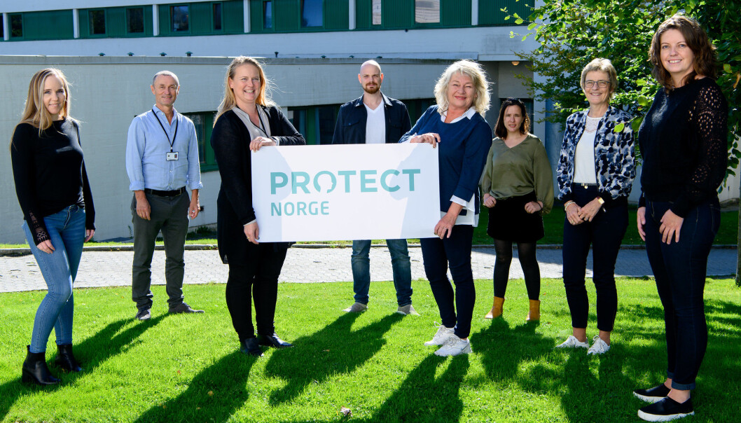 Disse SESAM-medarbeiderne (Regionalt kompetansesenter for eldremedisin og samhandling) driver PROTECT Norge-prosjektet. Fra venstre står Ane Haugland, Dag Aarsland, Martha Therese Gjestsen, Jon Arild Aakre, Ingelin Testad (prosjektleder i PROTECT Norge), Mona Halvorsen, Helen Guthormsen Wigestrand og Nina Ailin Mæland. Disse SESAM-medarbeiderne (Regionalt kompetansesenter for eldremedisin og samhandling) driver PROTECT Norge-prosjektet. Fra venstre står Ane Haugland, Dag Aarsland, Martha Therese Gjestsen, Jon Arild Aakre, Ingelin Testad (prosjektleder i PROTECT Norge), Mona Halvorsen, Helen Guthormsen Wigestrand og Nina Ailin Mæland.