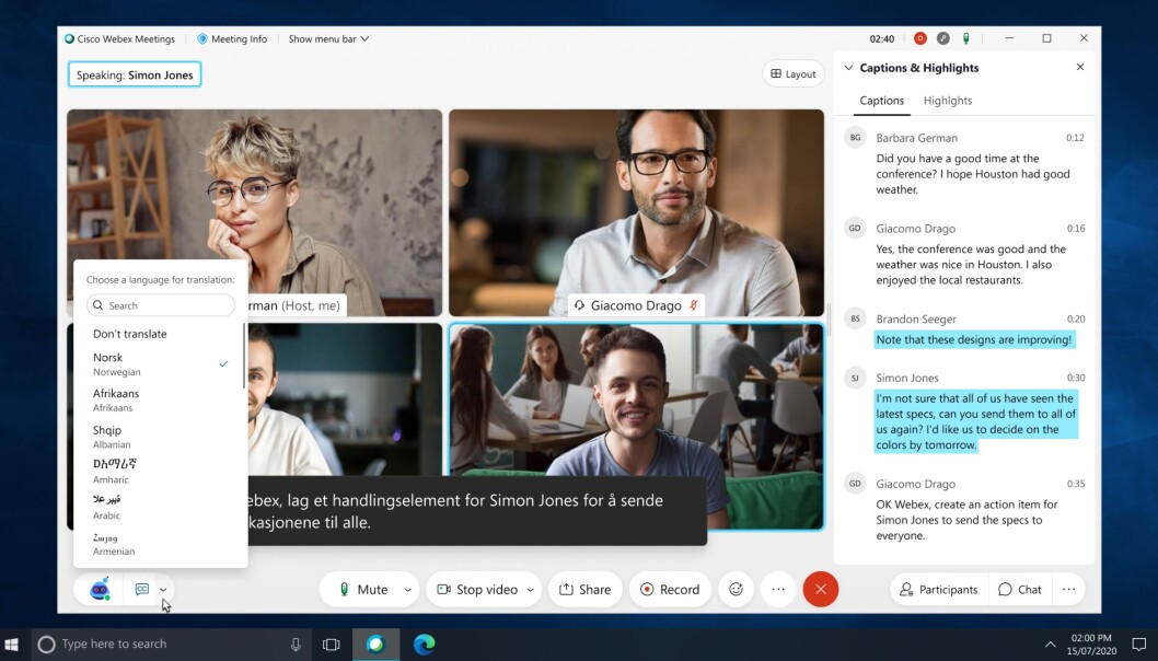 I den siste oppdateringen til Webex kan du oversette videomøter i sanntid til mer 100 språk - norsk inkludert. I den siste oppdateringen til Webex kan du oversette videomøter i sanntid til mer 100 språk - norsk inkludert.